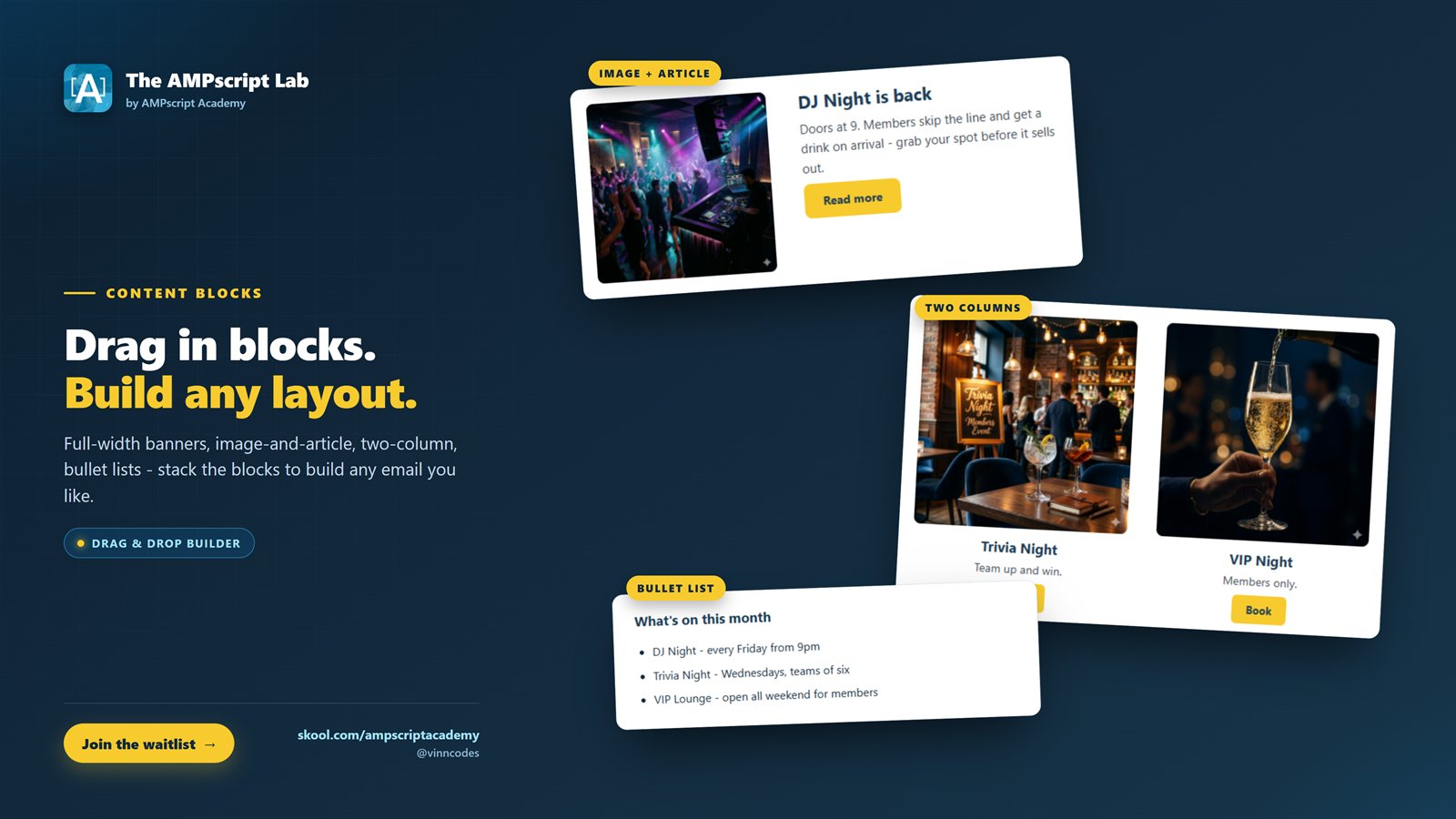 Content blocks - drag in blocks, build any layout